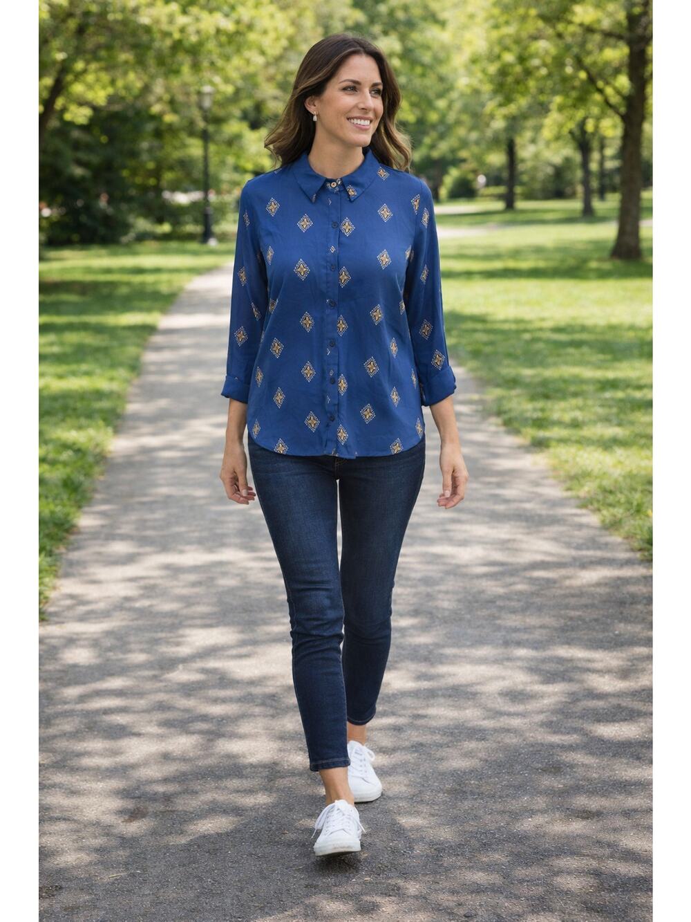 Knapp Studio Medallion Blouse Blue High Low Button Up PL